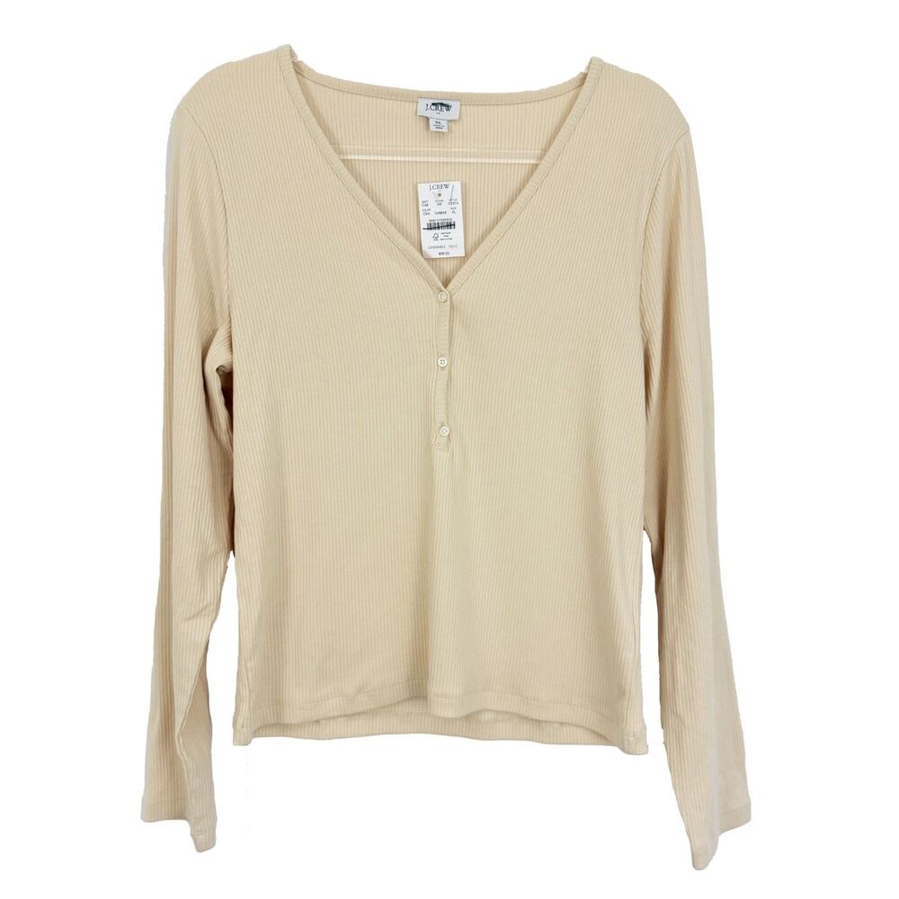 J.CREW Long Sleeve Button Henley Top XL Caribbean Sand Ribbed Knit V-Neck NWT B8